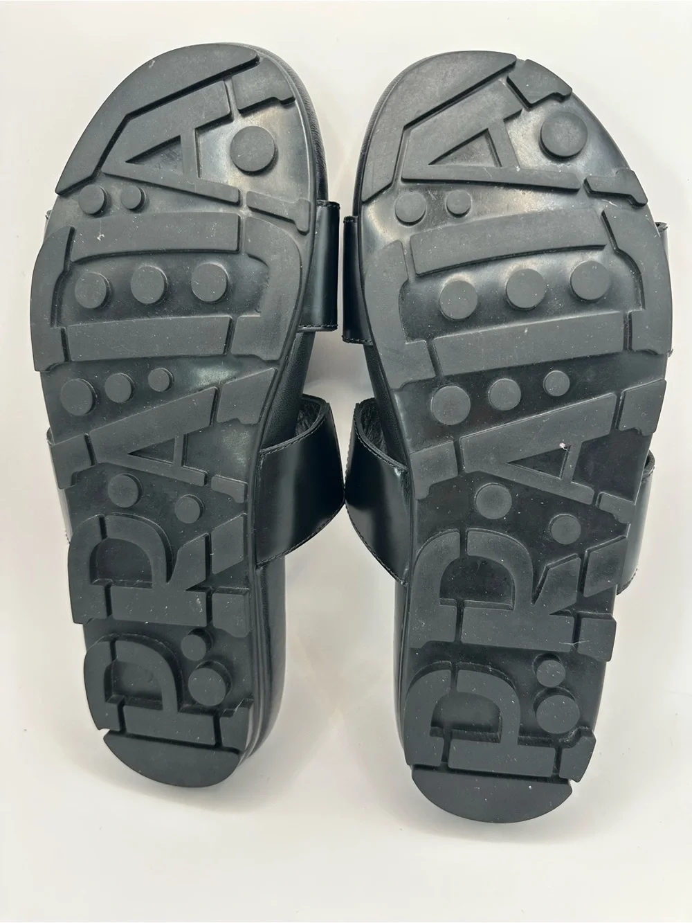 Prada Black Leather and Fabric Double-Strap Slides with Red Insole Detail